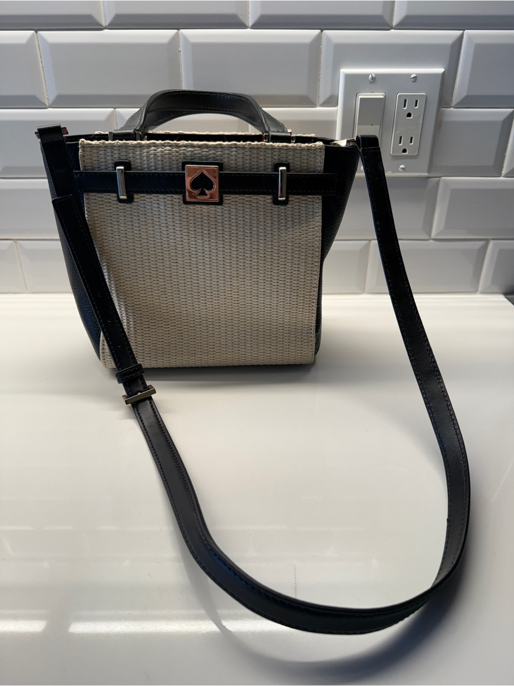 kate spade Black and Cream Woven Crossbody Bag with Spade Accent